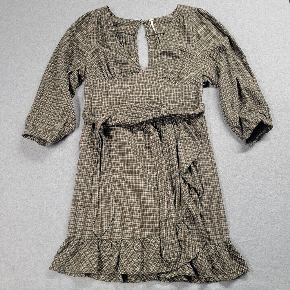 Free People Dress Womens 6 Mini 3/4 Sleeve Green Plaid V Neck Wrap Boho